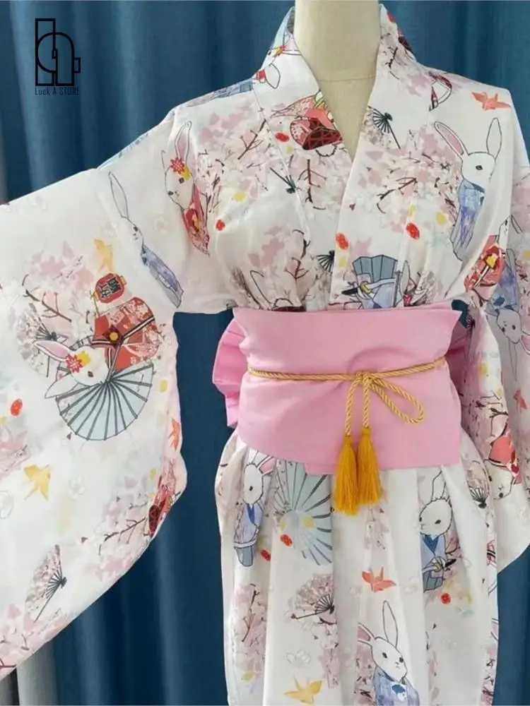 

Luck A Peach Blossom Wish Rabbit Yukata Set Cute Summer Bathrobe Cosplay with Waist Belt Waist Bow Colors Pink/Red/Blue