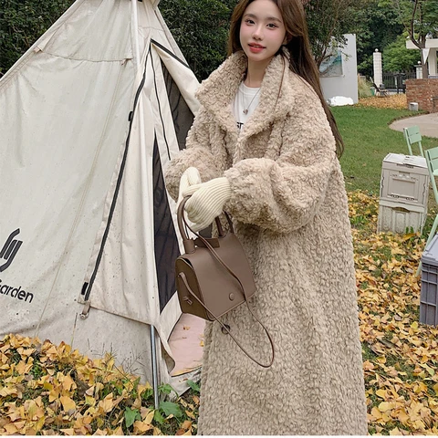 Женское теплое меховое пальто, плотное женское длинное пальто с отложным воротником, бежевые топы для женщин Casaco Feminino
