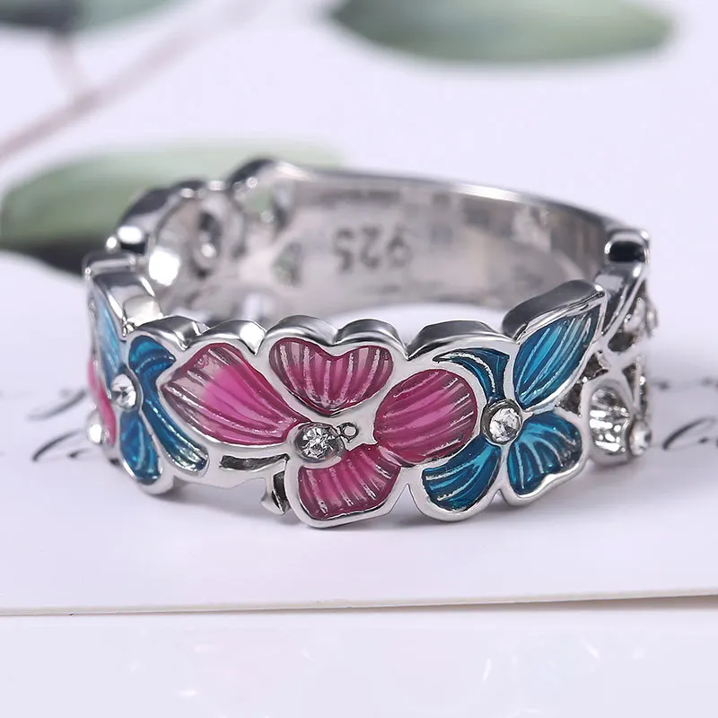 

New Bohemia Multicolor Enamel Flower Butterfly Rings For Women Shine White CZ Stone Inlay Fashion Jewelry Cocktail Party Gift