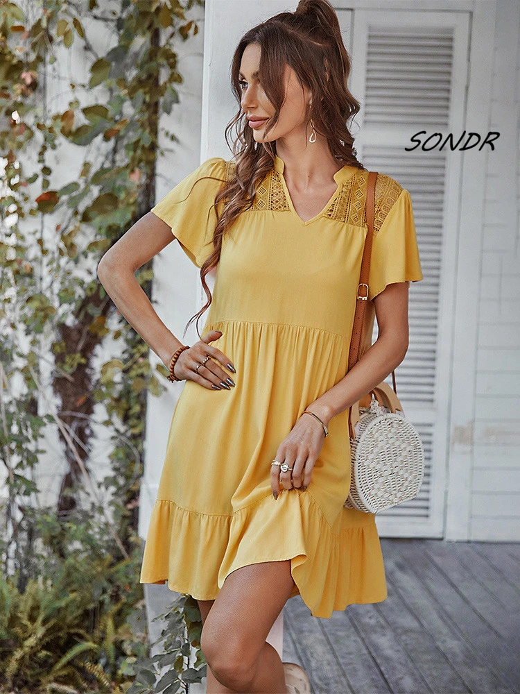 

Bohe Lace Women Dress Summer 2022 Casual Fashion Yellow Mini Dress Plus Size