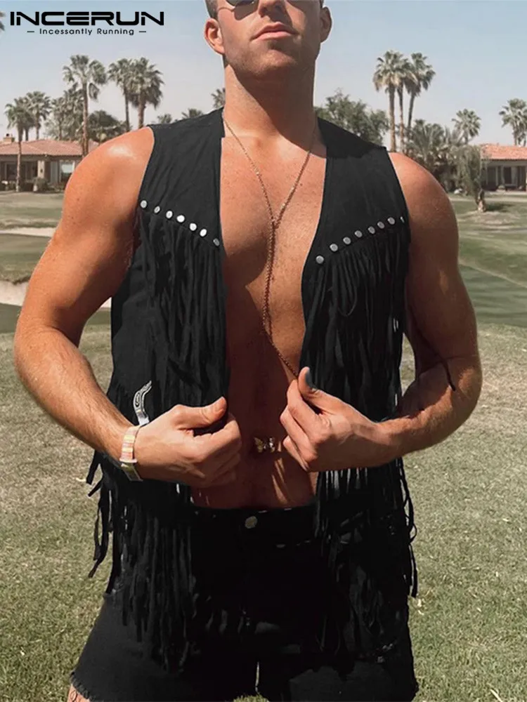 

Модный мужской жилет INCERUN с кисточками и открытым стежком, уличная одежда 2022, повседневный безрукавка без рукавов, мужские Индивидуальные о...
