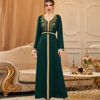 long sleeved fashion muslim morrocan kaftan dress big swing gilded embroidery lace up maxi dress 2022 new abayas djellaba