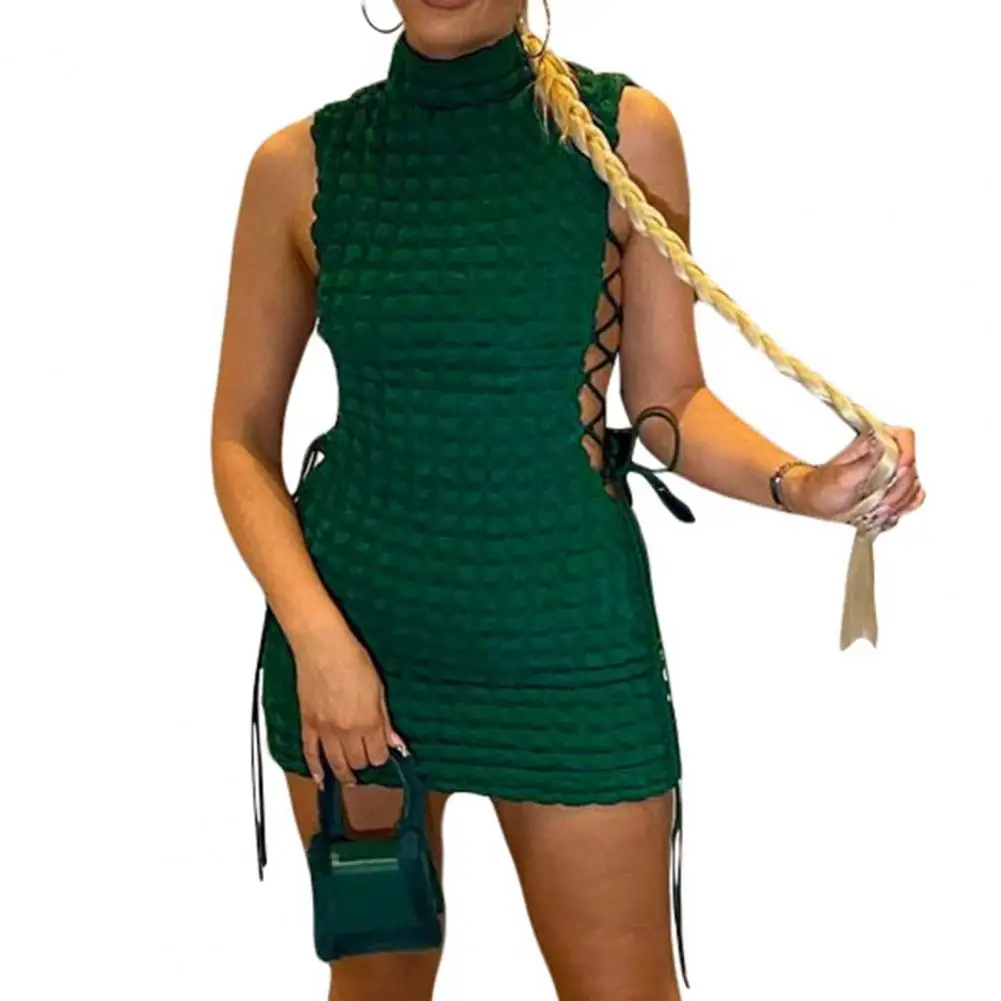 

Women Dress Sleeveless Allergy Free Side Hollow Design Solid Machine Washable Polyester Women Body-con Mini Dress vestidos
