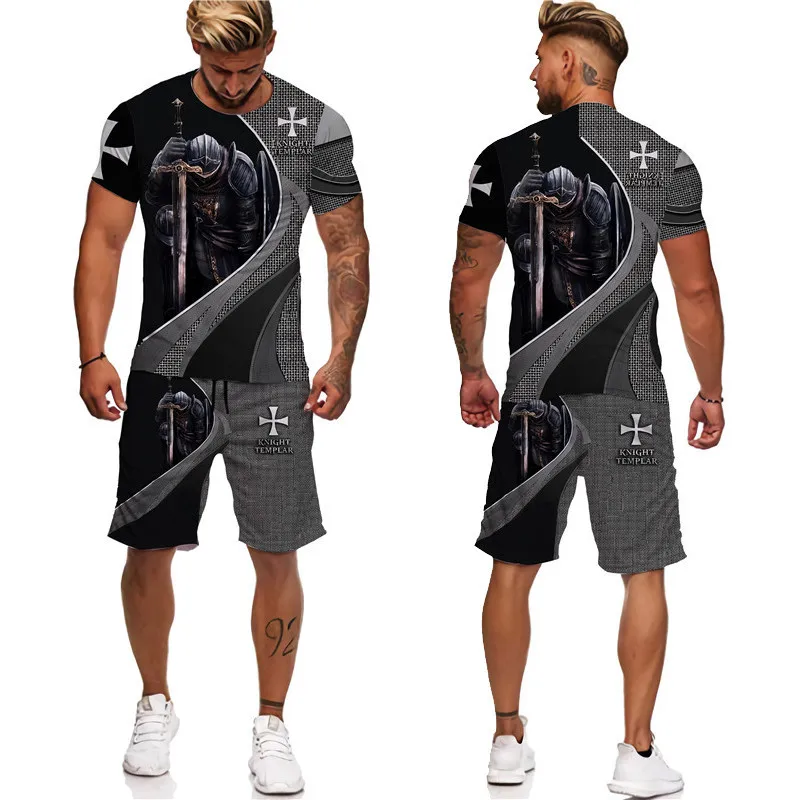 Knight Templar 3D Printed Men's Fashion T Shirt Set Retro Style Streetwear Two Piece Spring Summer 2022 New Sportswear Set