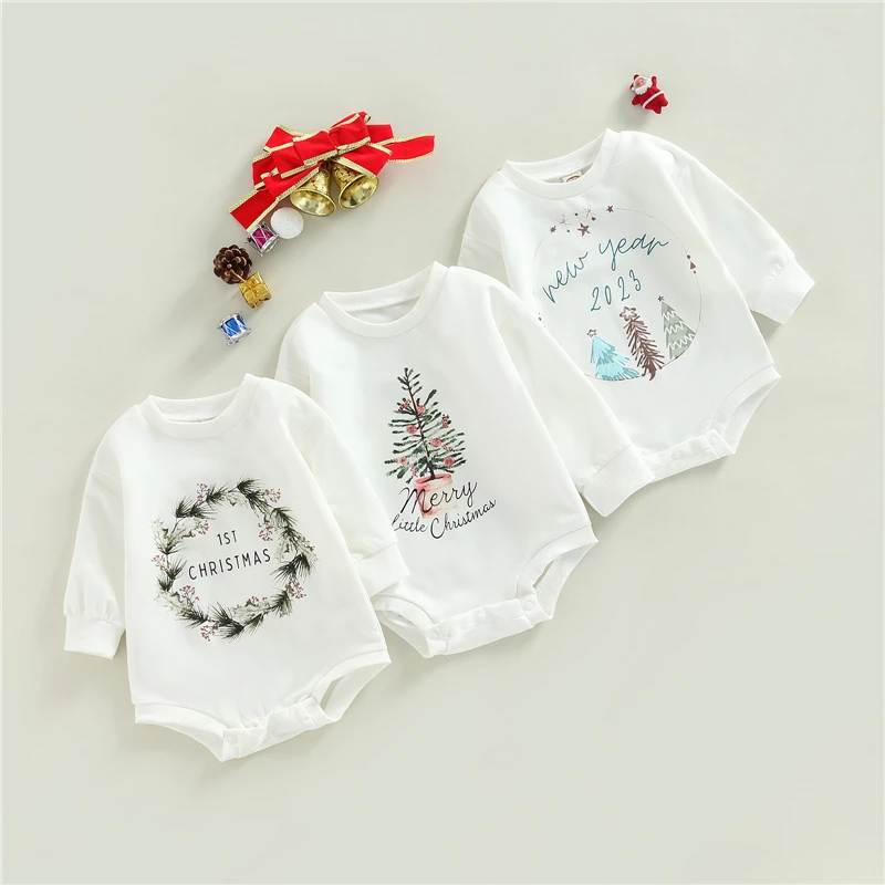 

Рождественская Одежда для маленьких мальчиков и девочек, комбинезон большого размера с длинным рукавом и круглым вырезом, боди для новорож...