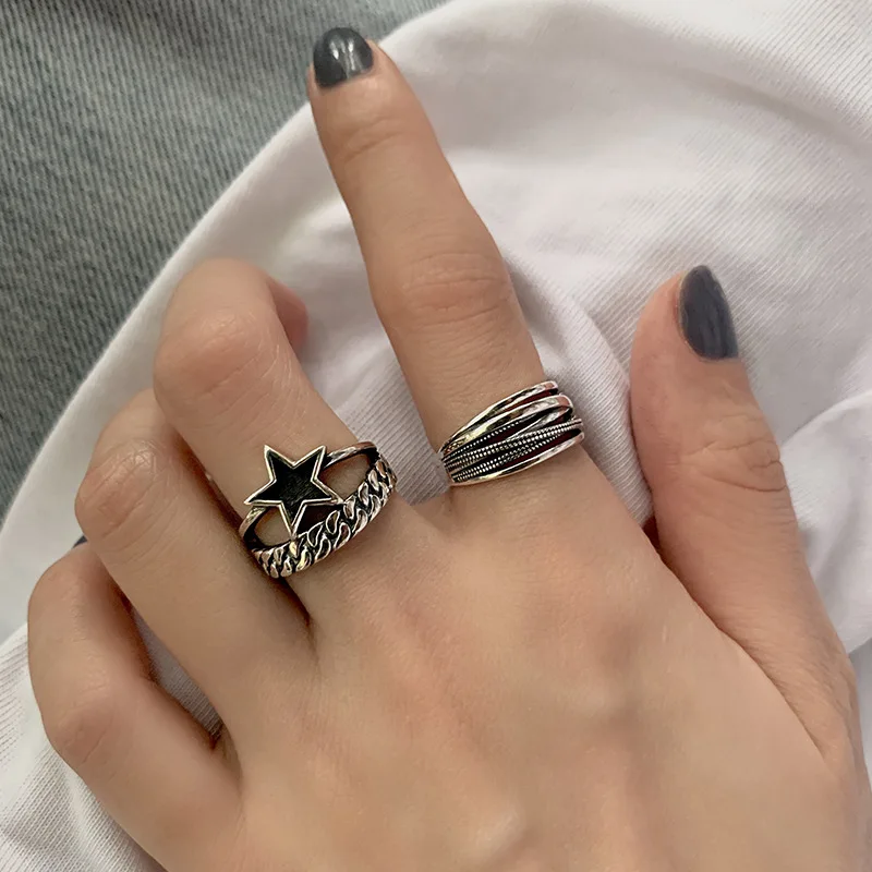 Minimalist Vintage Antique Silver Pentagram Rings for Women New Fashion Creative Hollow Geometric Party Jewelry Gifts Open Ring |