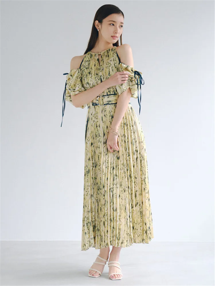 

Miyake Pleated Dress 2022 Spring New Style Two Wear Women Vestidos Robes Off Shoulder Drawstring Slim Waist Print Dress Women