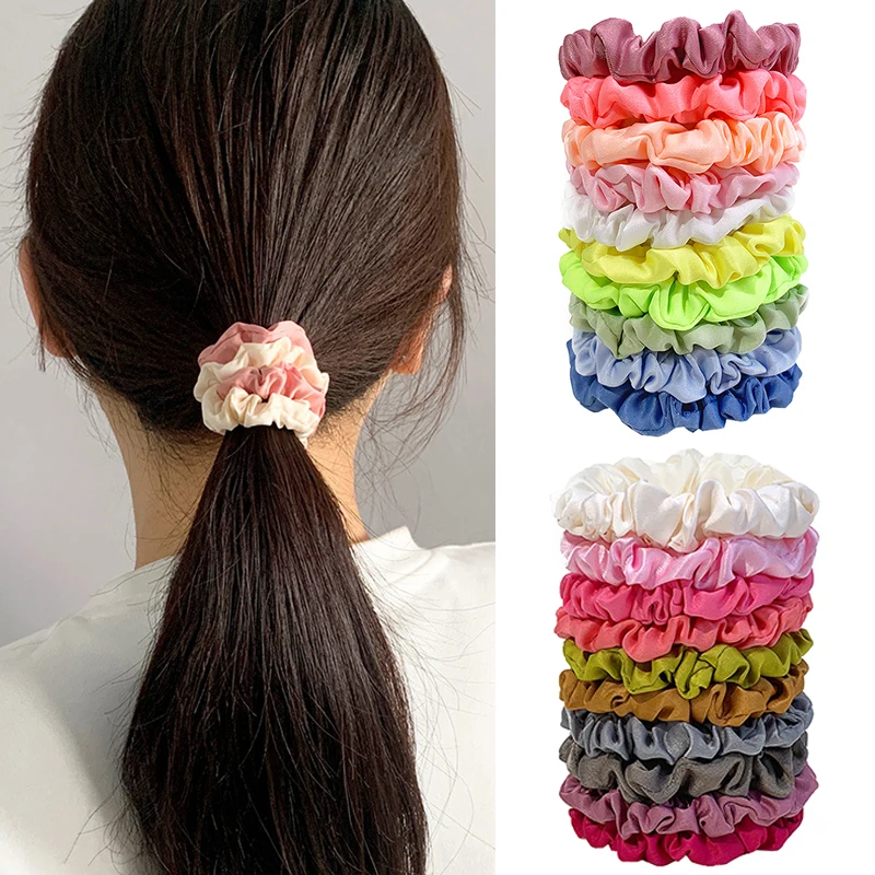 

9/10Pcs Elegant Satin Elastics Hair Band Solid Color Scrunchies Women Girl Ponytail Holder Hair Rope Hairband Hair Accessoires