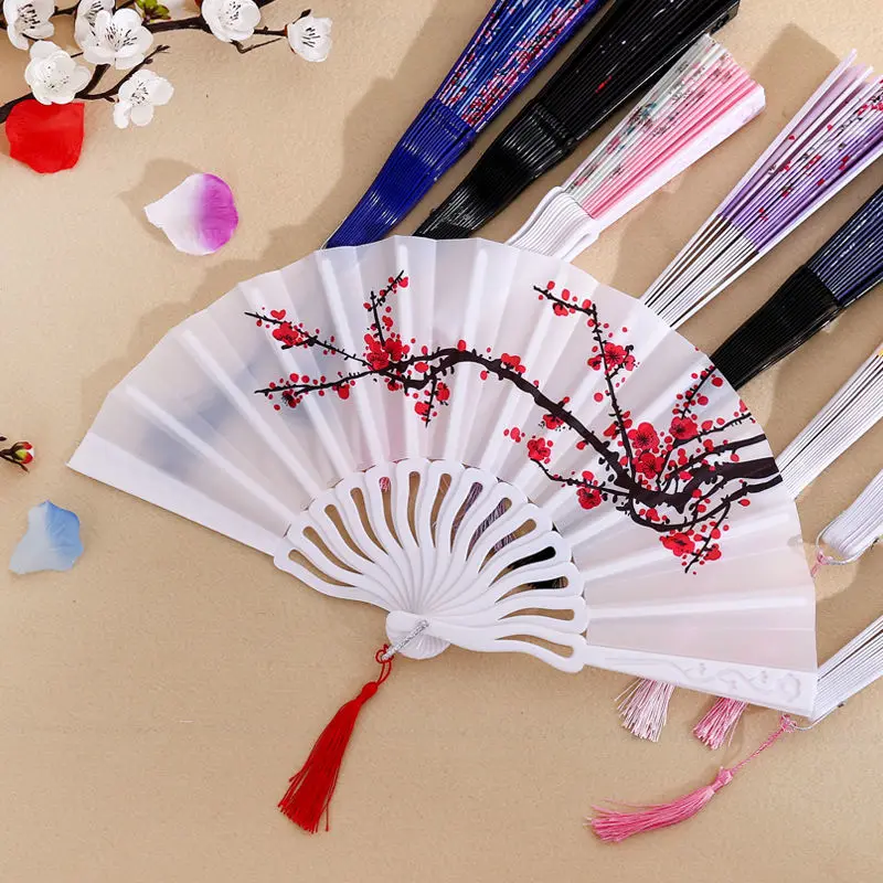 

Chinese Style Folding Fan Female Antique Costume Hanfu Plastic Folding Fan with Tassel Pendant Gift Wedding Party Decoration