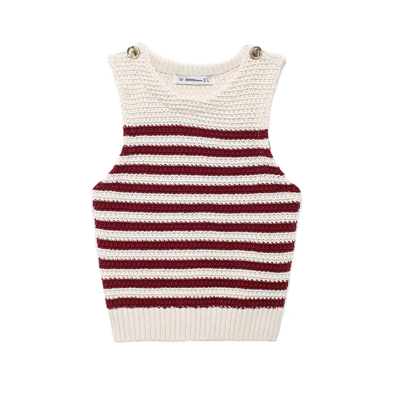 Женский винтажный жилет в полоску с круглым вырезом и золотыми пуговицами