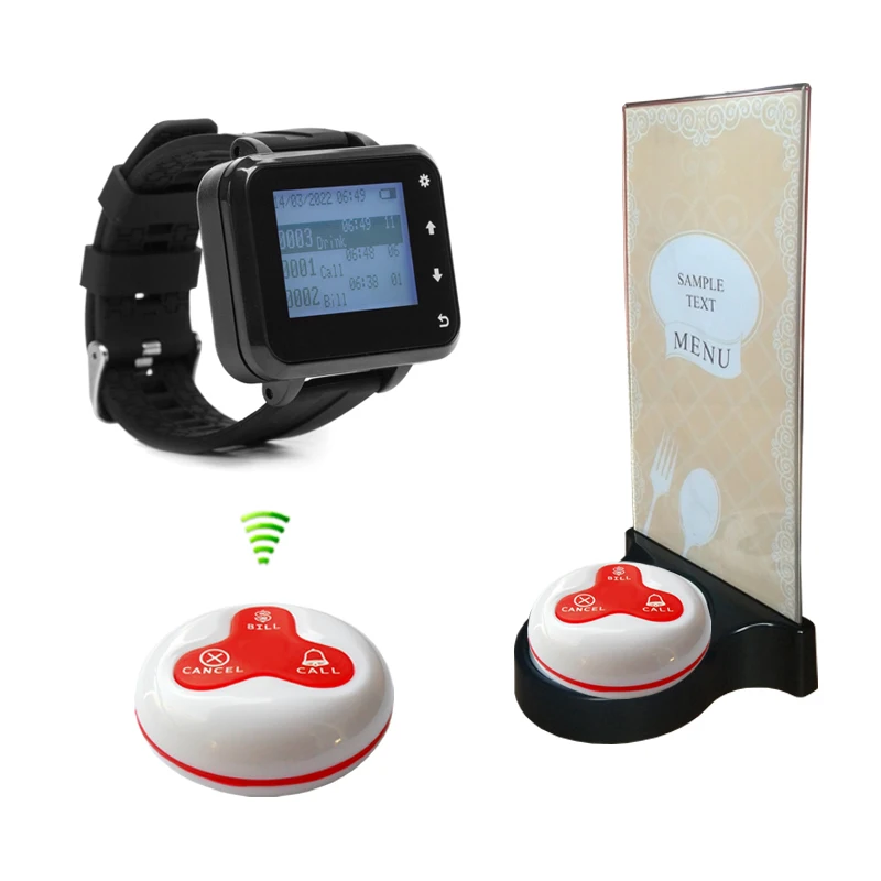 Wireless Restaurant Pager Waiter Calling System Watch Receiver Hookah Button with Menu Holder