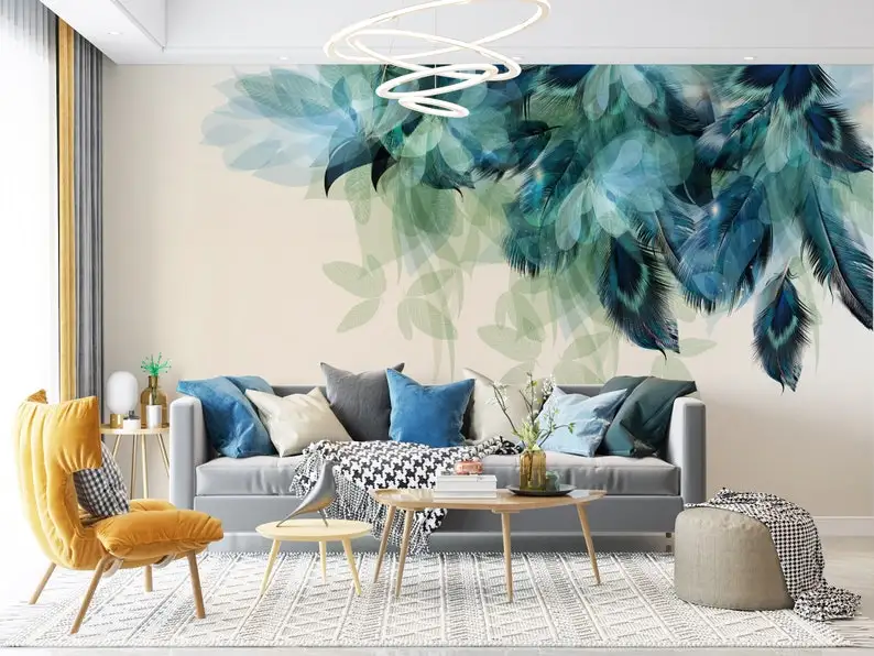 

Customizable Boho Blue Tones Feathers Living Room, Peel And Stick, Watercolor Modern Bohemian Removable Wall Mural. Bohemian Wal