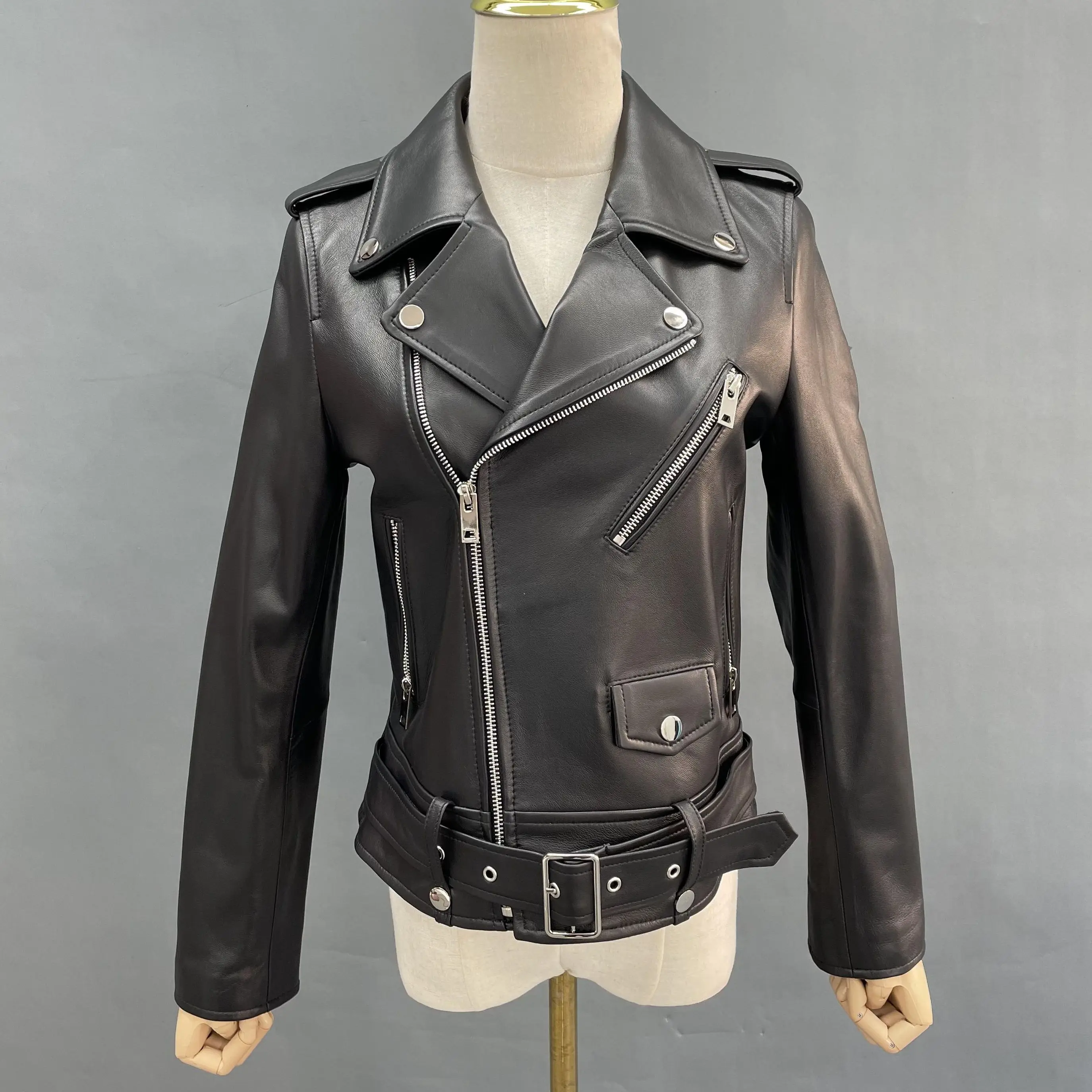 JANEFUR Women’s Jacket 2023 Genuine Leather Moto Biker Streetwear Classic Real Sheepskin Coat