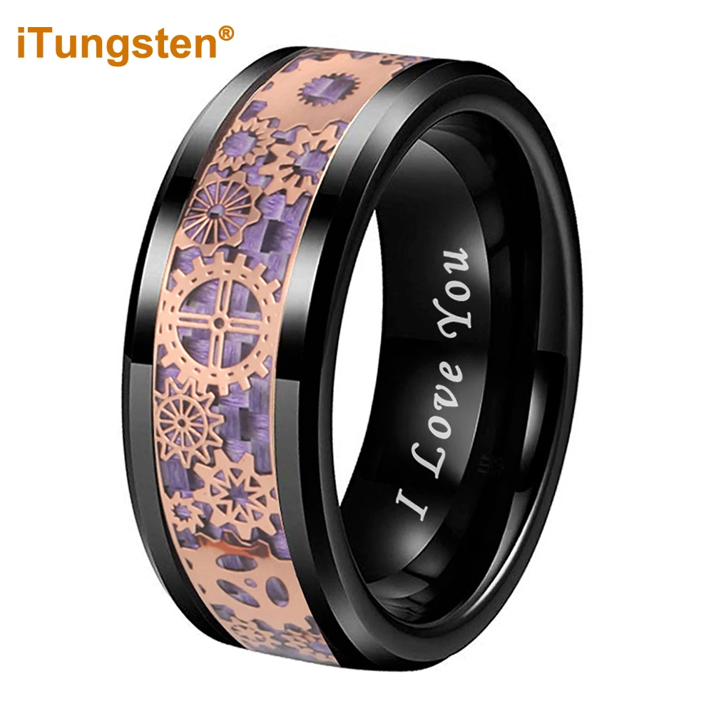 

iTungsten 6mm 8mm Carbon Fiber Gear Inlay Black Tungsten Finger Ring for Men Women Wedding Band I Love You Stamped Comfort Fit