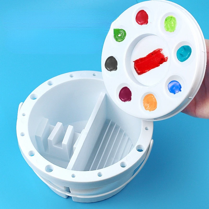 Multifunctional Plastic Watercolor Gouache Acrylic Paint Wash Pen Bucket with Palette Student Art Painting Supplies