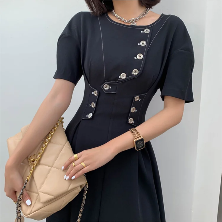 

Dress New Summer Black 2023 Vintage French Ladies Fit and Flare Button Puff Sleeves Party Dresses Office Wear High Quality