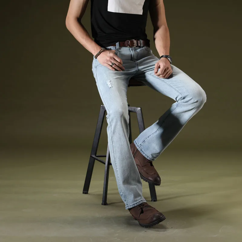 Men's Light Blue Ripped Flare Jeans for Men Autumn Spring Business Casual Trousers Denim Pants Flared Bootcut Jean Slim Homme