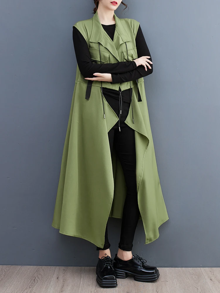 

TPJB Sleeveless Notched Vest Dress For Women Drawstring Solid Color Loose Causal Big Size Cardigan Dresses Summer New Robe