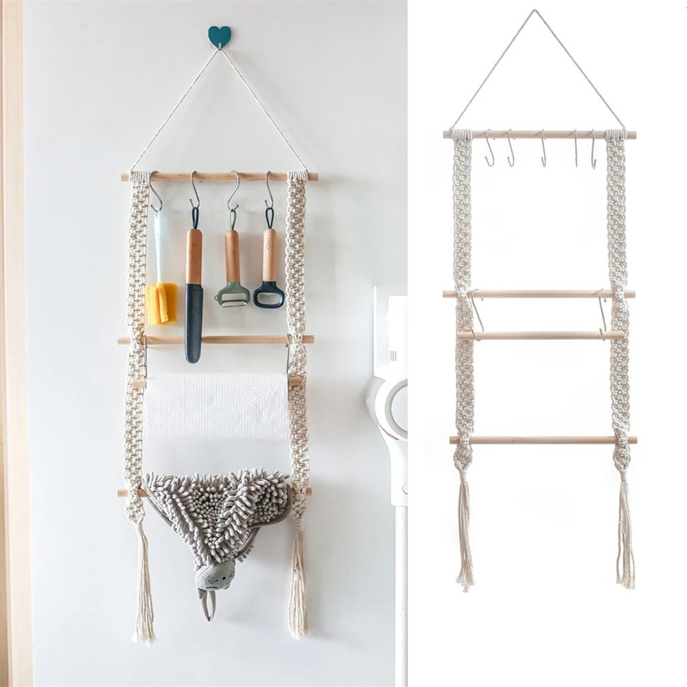 

Hand Woven Macrame Storage Rack Wall Hanging Tapestry Towel Sundries Pocket Rack For Kitchen Livingroom Home Boho Decor