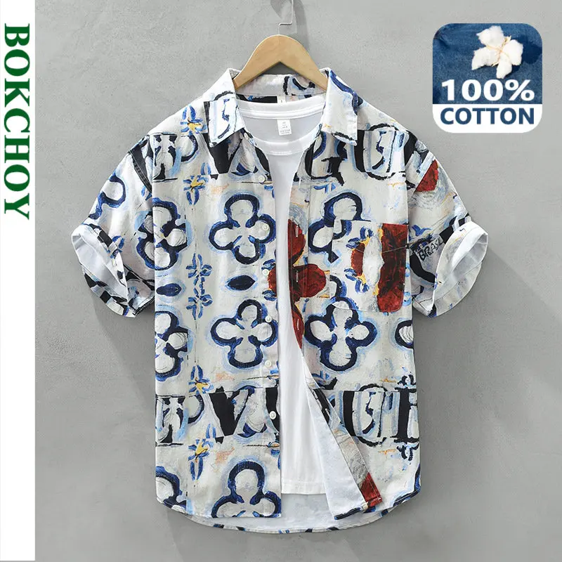 

2023 Summer New Retro 100% Cotton Loose Printed Shirt for Men Clothing Casual Fashion Short Sleeve Streetwear C2755