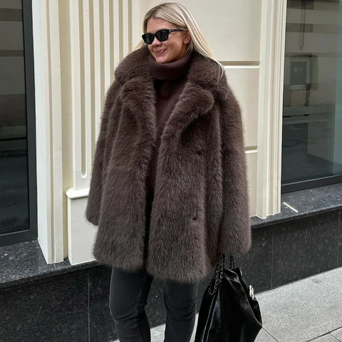 Tuularose женское элегантное пальто из искусственного меха теплое пушистое свободное пальто с длинными рукавами с лацканами осень-зима модная уличная женская верхняя одежда