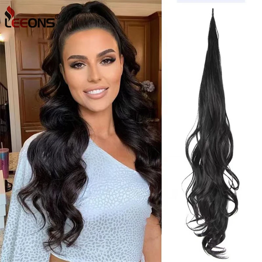 

Leeons 32 Inch Flexible Wrap Around Ponytail Extension Long Ponytail Hair Extensions Curly Black Synthetic Ponytails Hairpiece