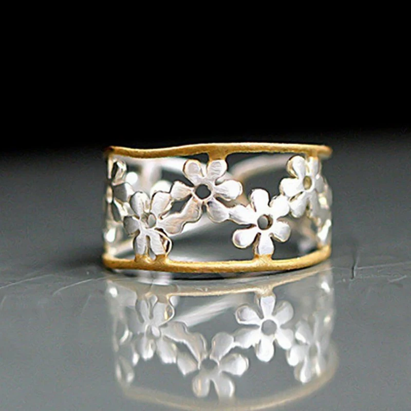 New Creative Sunflower Chrysanthemum Opening Ring Gold Silver Color Hollow Flower Ring Female Jewelry Engagement Wedding Gift
