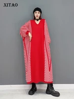 xitao knitted dress pullover hit color pullover small fresh casual style loose 2021 autumn full length dress gwj0468