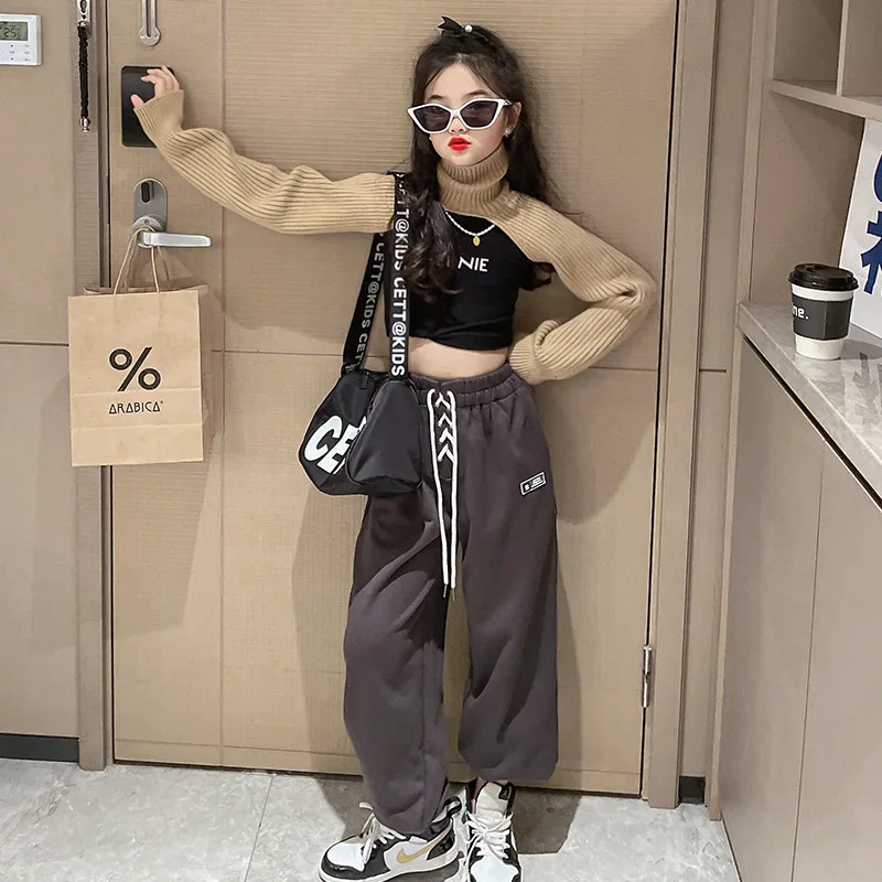

8 10 years Girls 2pcs Tops Long Sleeve T-shirt Turtleneck Sweaters 2023 Spring Fall Fashion Teen Girl Streetwear