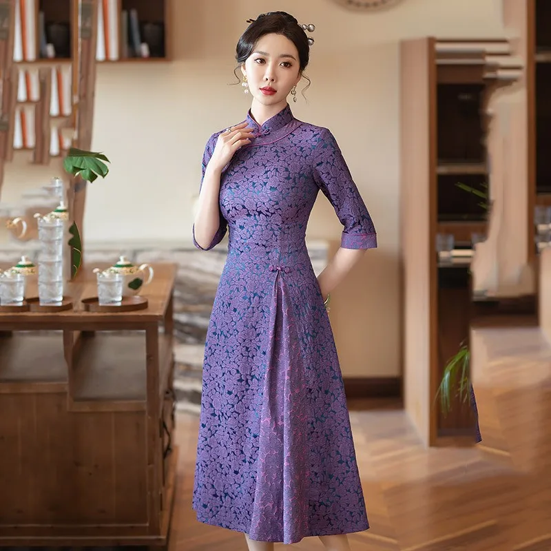 Новинка 2024 китайское платье для молодых мам женское элегантное жаккардовое