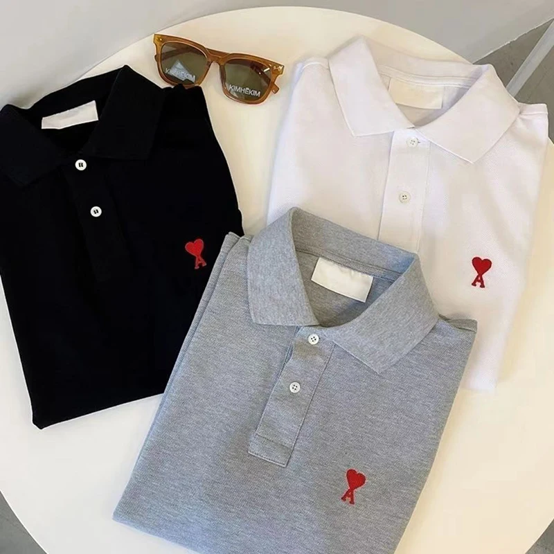 

2022 Summer Love Embroidery Men /women Cotton Polo Loose T-shirt Women's Solid Color Casual Letter T-shirt Female Black Tops