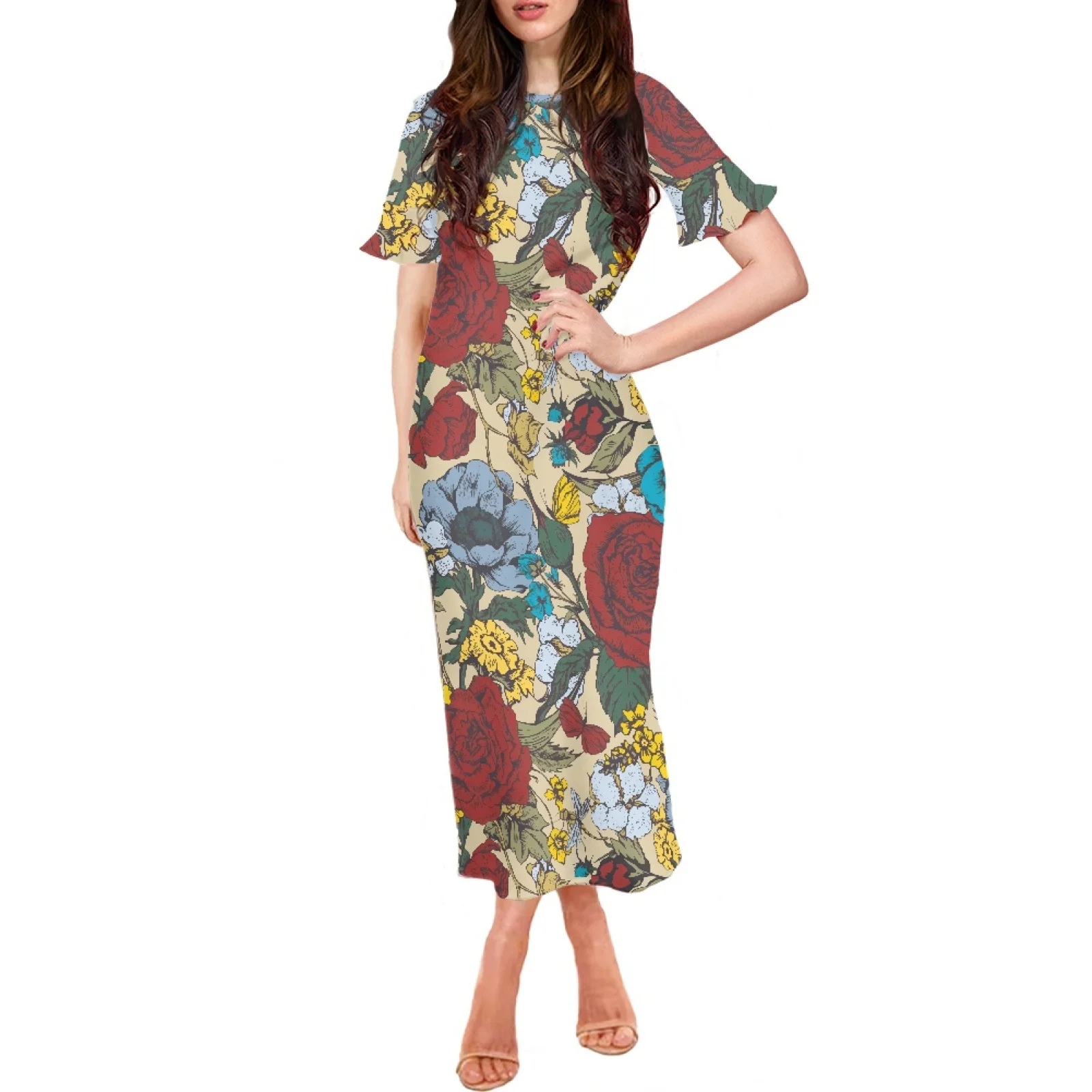 

Розово-красное Новое дизайнерское платье для вечерние с принтом полинезийского племени, Гавайский стиль, платье с короткими рукавами и оборками