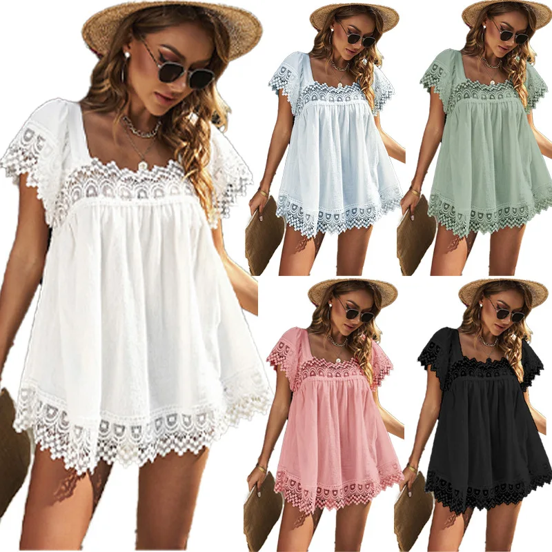 

2022 Summer new pure color casual lace shirt European and American women loose versatile U-collar short sleeve top