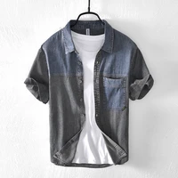 summer men japan style patchwork cotton denim short sleeve shirt fashion male casual contrasting colors thin shirts cloth