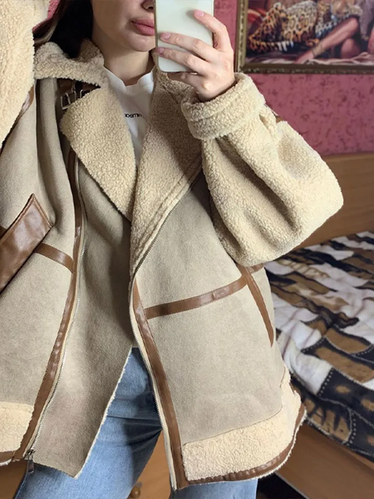 

Fur Lambswool Patchwork Jacket Women Integrated Warm Turn-down Collar Coat 2023 Female Zipper Pocket Moto Biker Overcoat