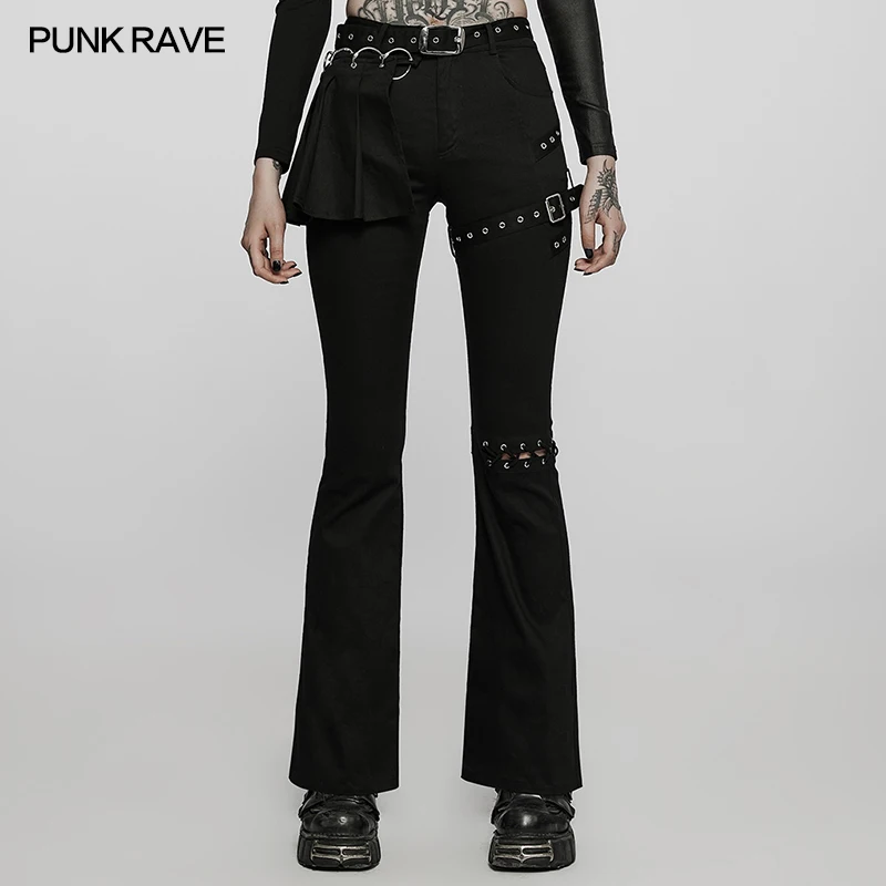 PUNK RAVE Women's Punk Style Medium Low Waist Flared Pants Knee Is Hollowed Slim Personality Pants Be Removed Crimp & Waist Belt