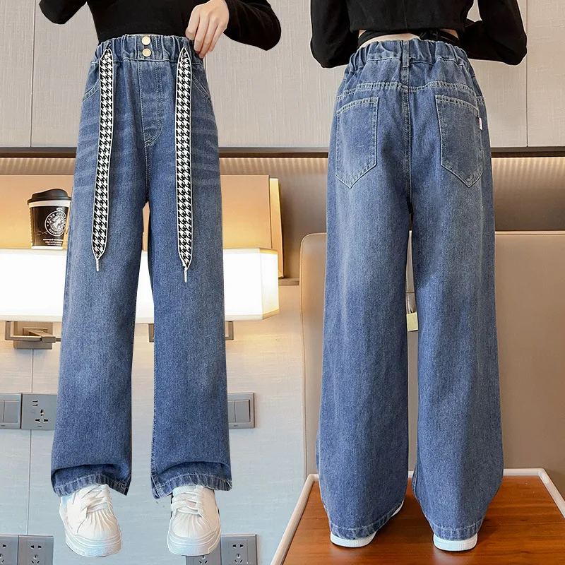 

Jeans For Girl Solid Color Kids Girl Jeans Spring Autumn Kids Trousers Casual Style Kids Clothes Teen Denim Wide Leg Pants 5-15Y