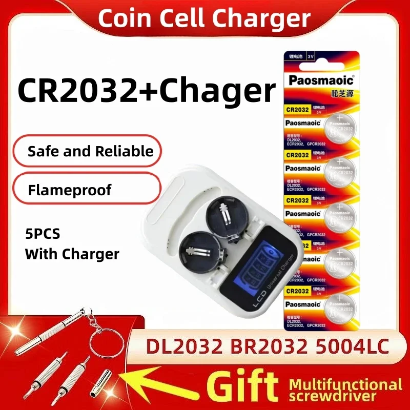 

5PCS CR2032 +Coin Charger Rechargeable Battery Charger CR2032 3V Coin Cell,USB Interface, LED Charging Display screwdriver free