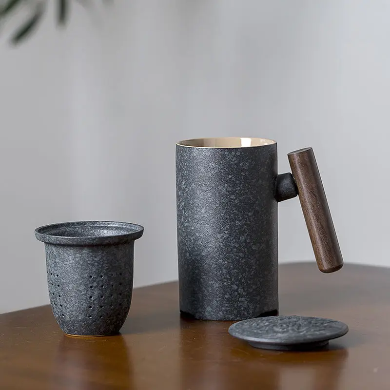 

Japanese-style Vintage Ceramic Coffee Mug Tumbler Rust Glaze Tea Leak Mug with Wood Handle Water Cup Home Office Drinkware