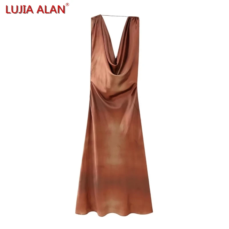 

Осеннее Новое Женское атласное длинное платье с принтом и воротником-качалкой, женское повседневное сексуальное асимметричное платье с открытой спиной, LUJIA ALAN WD3066