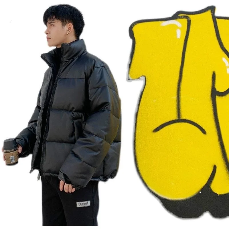 2022 NEW Thicken Solid Color Mens Parkas Oversized Warm Winter Leather Coats Harajuku Fashion Male Loose Cotton Padded Jackets