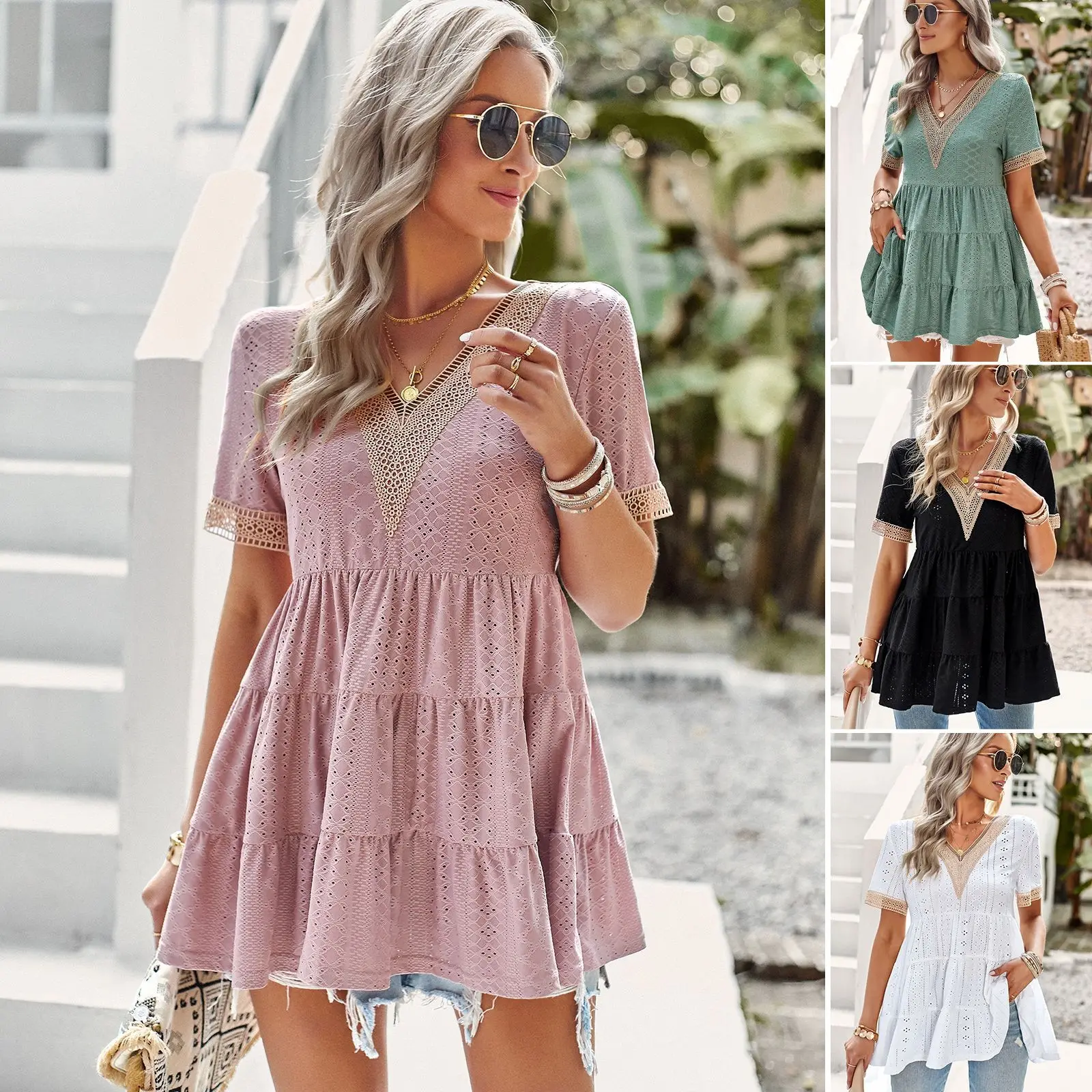 

Women Spring Summer Fashion V-neck Hollow Out Camisole Solid Color Patchwork Fold Commuting Versatile Casual Shirt Tees Tops