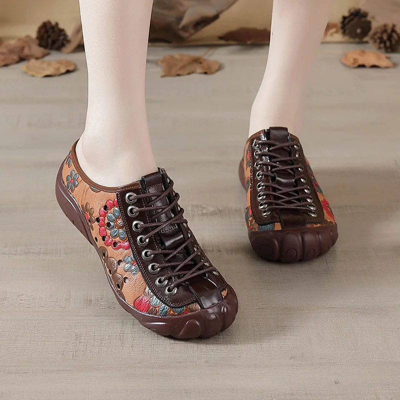 

Genuine Leather Shoes For Women Shoes Lace Up Ballet Flats Vintage Floral Loafers Elderly Woman Anti Kick Shoes New 2023