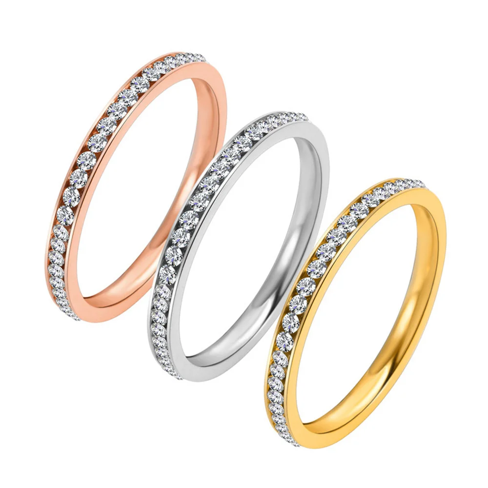 Купи 2022 Iced Out Cubic Zirconia Ring Womens Gold/Silver Color Stainless Steel Wedding Band Rings for Women Fashion Jewelry Gifts за 235 рублей в магазине AliExpress