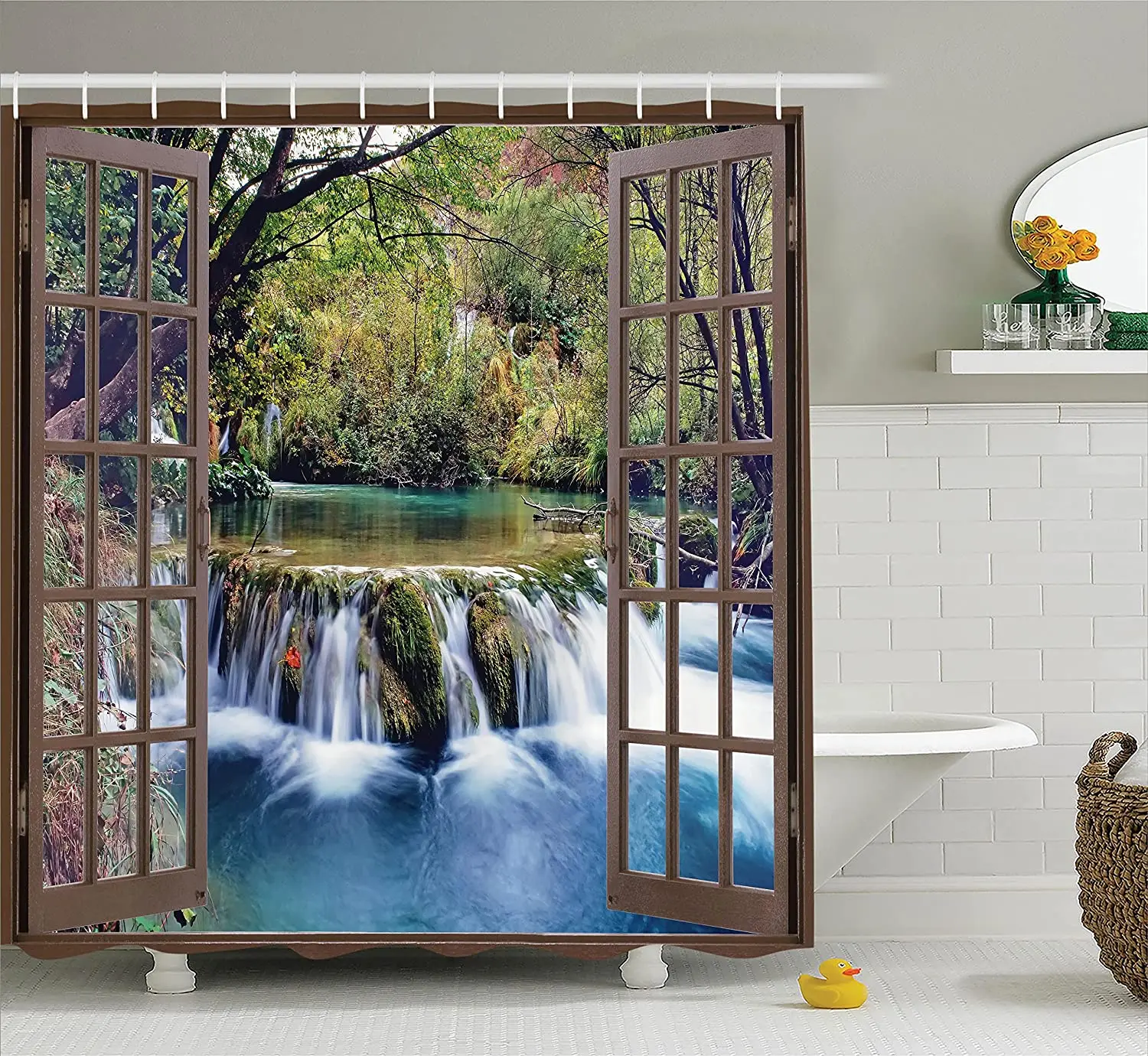 

Waterfall Shower Curtain Wide Waterfall Deep Down in The Forest Seen from a City Window Epic Surreal Print Fabric Bathroom Decor