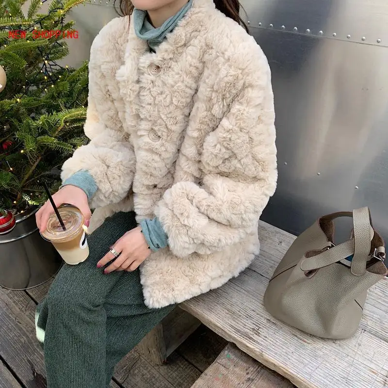 Luxurious Winter Teddy Bear Coat Faux Wool Fur Jacket Ladies Casual Fake Rabbit Fur Outerwear Soild Turn-down Collar Overcoat