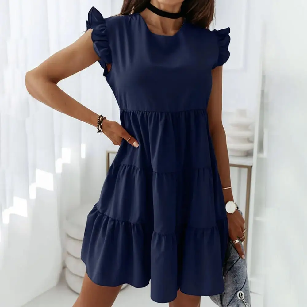 

Nice Women Dress Skin-friendly Party Dress Round Neck Comfortable Splicing Women O-neck Dress Short Sleeve