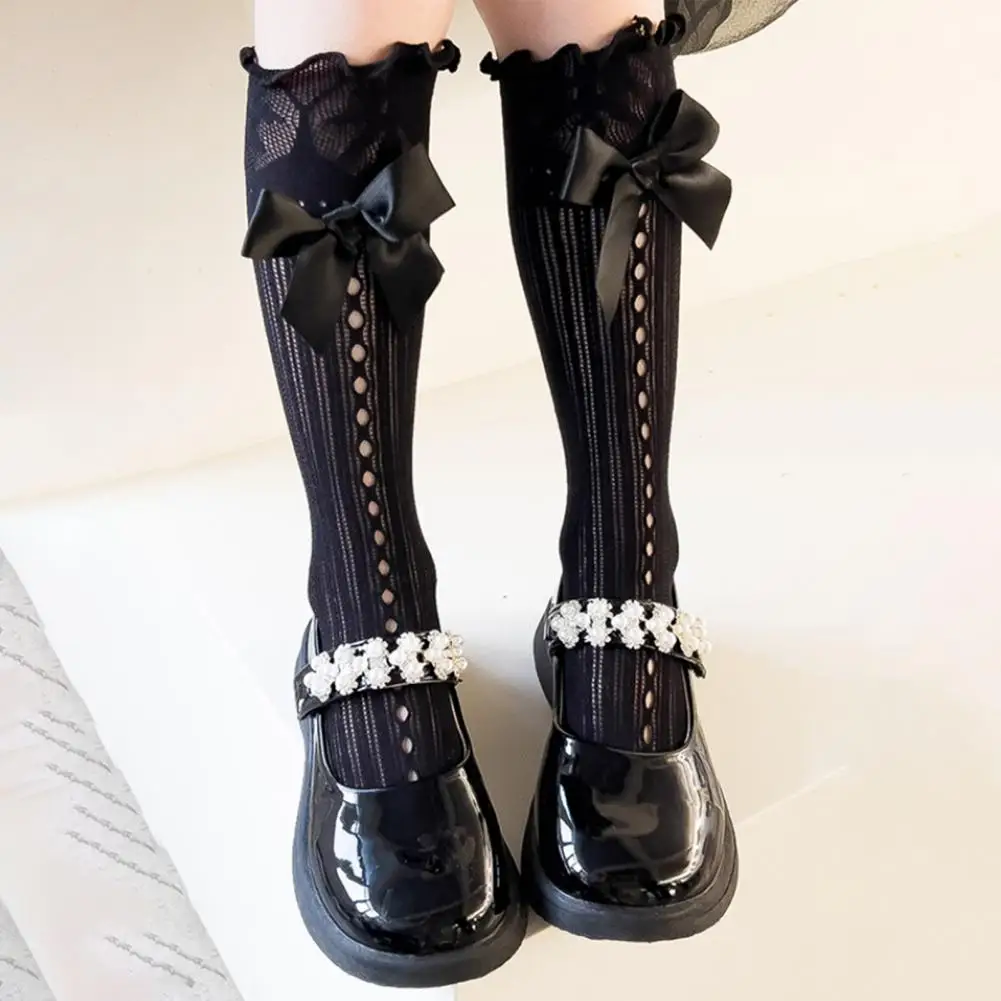 

2Pcs Beautiful Children Stockings Solid Color Japanese JK Socks Hollow Mesh Bowknot Design Girls Socks Daily Wear