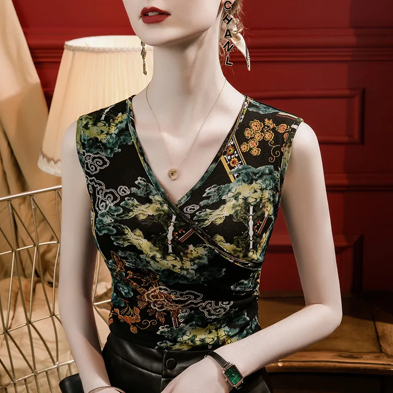 

High Quality 2023 Women Gauze Print Style Design Sleeveless T-shirt Sexy Crop Top Clothes Autumn Winter Tank Top Y2k Corset Top