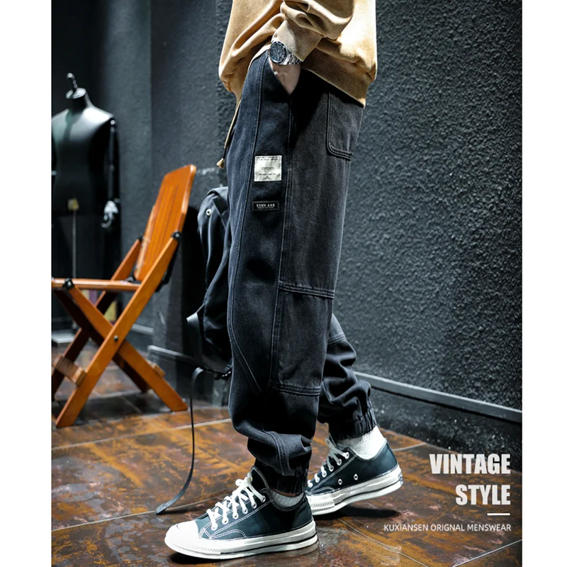 Men Clothing Autumn and Winter Straight Loose Splicing Cylinder Jeans Vintage Comfortable Black Plush Harun Trousers Female 2022